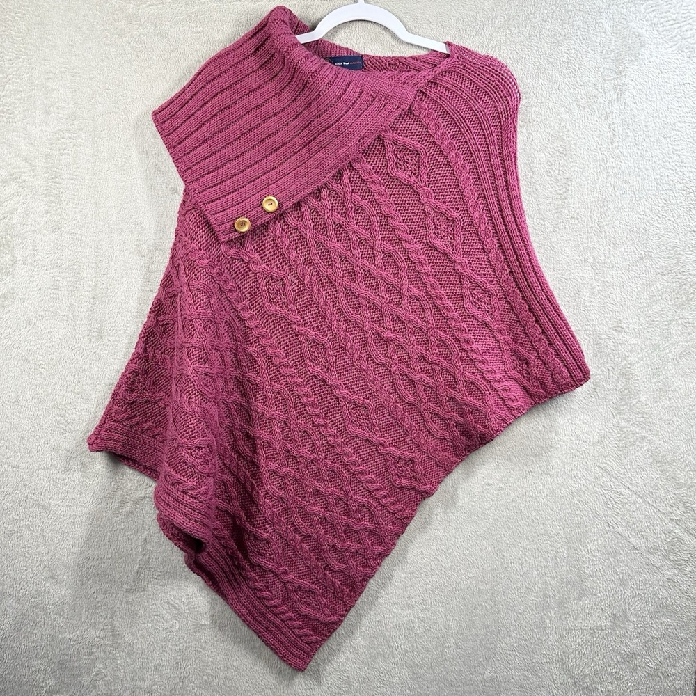 British Wool Naturally Poncho 100% Wool Chunky Cable Knit Sweater Pink